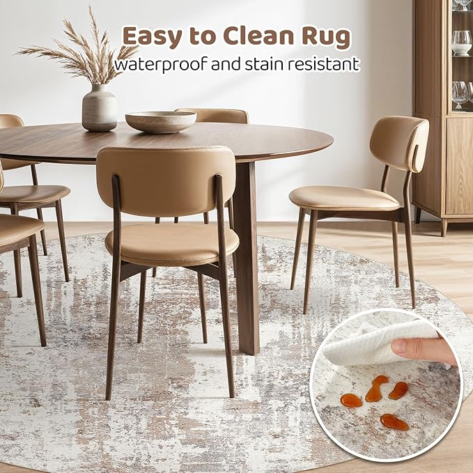 Round Rug Living Room Rugs: 5Ft Washable Circle Large Abstract Modern Soft Stain Resistant Non Slip Indoor Floor Carpet for Bedroom Nursery Office Dining Room Dorm Home House Decor- Brown