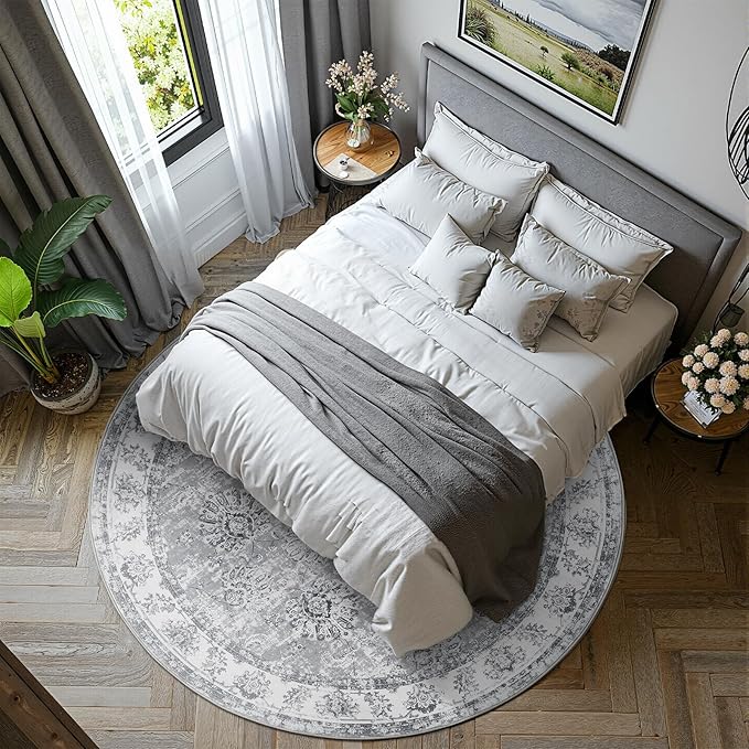 jinchan Round Rug 8ft Area Rug - Grey Vintage Floor Mat Kitchen Indoor Ultra-Thin Soft Floral Print - Washable Circle 8' Retro Accent for Farmhouse Non Slip Dining Room Living Room Bedroom Office