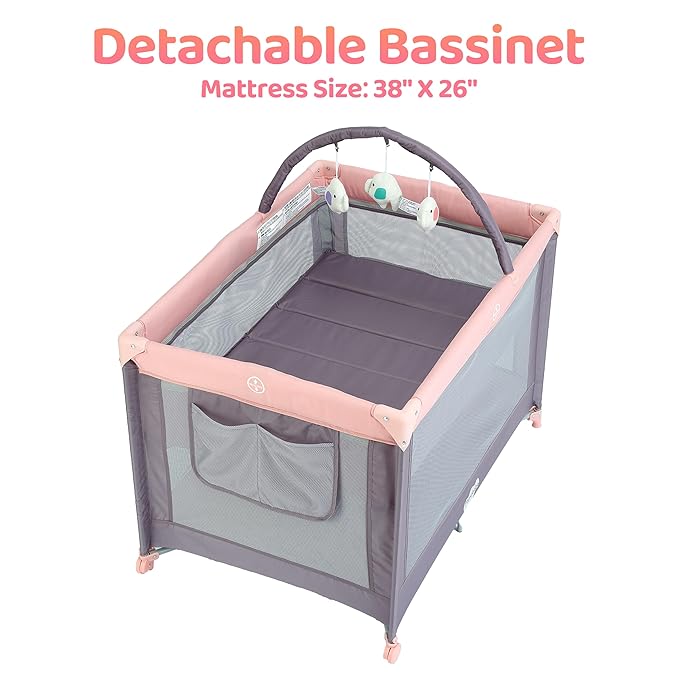 Pamo Babe Portable Playard with Mat Pad and Toy Bar Pink Play Yard for Baby