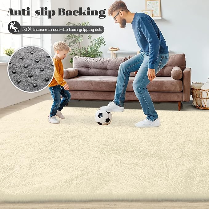 5x8 Area Rug for Living Room: Fluffy Shag Soft Washable Rugs Fuzzy Plush Indoor Carpet for Bedroom Nursery Playroom Dorm Kids Girls Boys Room (Cream White, 5'x8')