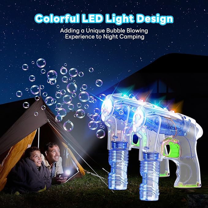Kid Odyssey 2 Pack Bubble Gun with 4 Refill Solution and 3 Colorful LED Light, Bubble Machine for Kids, Bubble Maker for Party Favors, Birthday Gift, Indoor Outdoor Toys for Toddlers
