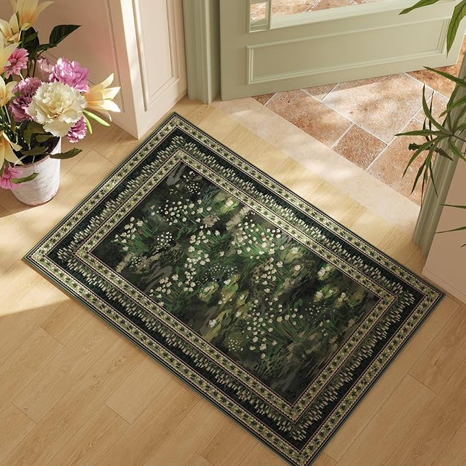 2x3 Rug Impressionist-Style Vintage Indoor Door Mat Machine Washable Small Area Rug Non-Slip Low Pile Throw Rugs for Entryway Kitchen Front Door Indoor Entrance Entry Kids Room, Green