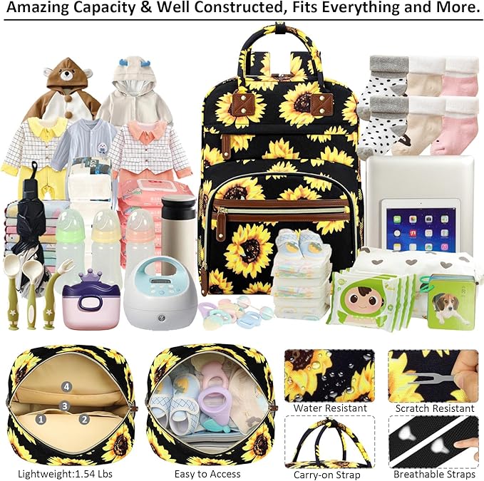 Diaper Backpack Tote Large Capacity, Baby Bag with Insulated Pockets Multifunctional Diaper Bags For Baby Girl Boy Women Waterproof Bags Mama Maternity Bag Sunflower