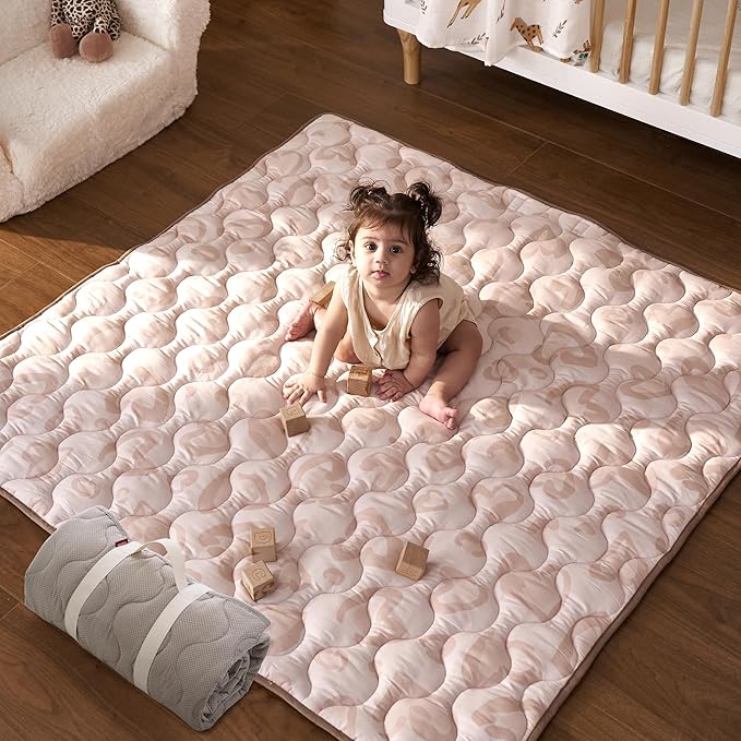 Momcozy Baby Play Mat for Floor, 50x50 Thickened Playpen Mat, Playmate for Baby Tummy Time, Waterproof & Non-Slip, Foldable Outdoor Mat with Carrying Handle, Leopard Heart