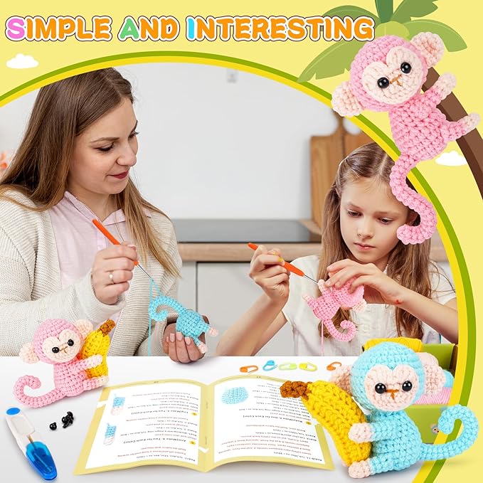 Crochet Kit for Beginners - 2 PCS Monkey with Banana Crochet Kits with Step-by-Step Video Tutorials, Beginner Crochet Kit for Adults, Crochet Monkey Kit for Kids (Blue & Pink)