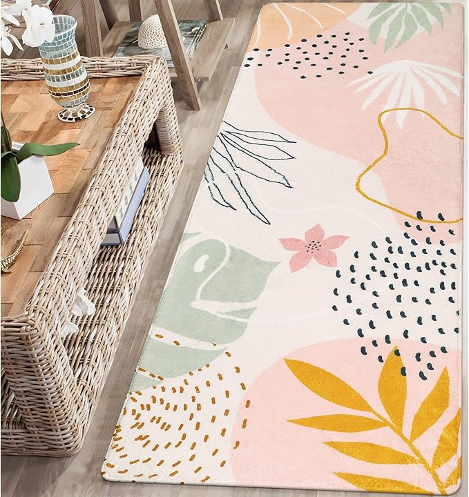 Lahome Pink Washable Runner Rug - 2x6 Non-Slip Throw Hallway Runner Rugs Low-Pile Soft Bedroom Kitchen Runner Rug Boho Botanical Print Carpet Runner for Laundry Room Entryway Bathroom Living Room