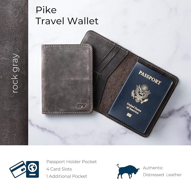 PEGAI Personalized Leather, Passport Holder For Travel | Handmade Passport Wallet Cover Case | Travel Document Holder, Passport Cover for Men, Women, and Family | Pike (Rock Grey)