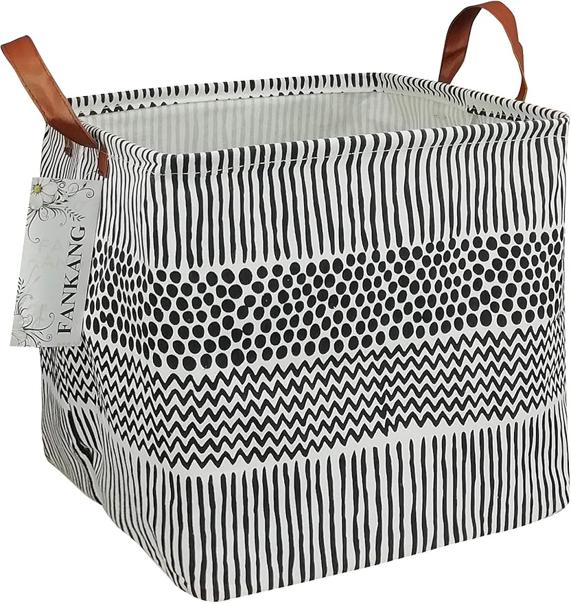 FANKANG Square Nursery Hamper Storage Bins Canvas Laundry Basket Foldable with Waterproof PE Coating Storage Baskets Gift Baskets for Children, Office, Bedroom, Clothes（Square-Black Lines ）