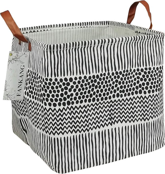 FANKANG Square Nursery Hamper Storage Bins Canvas Laundry Basket Foldable with Waterproof PE Coating Storage Baskets Gift Baskets for Children, Office, Bedroom, Clothes（Square-Black Lines ）