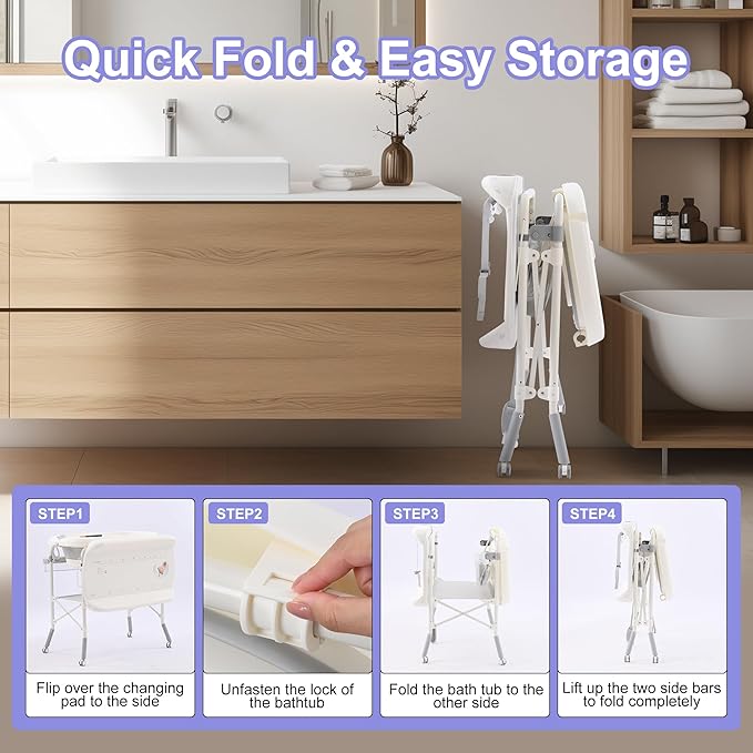 2-in-1 Baby Bathtub with Changing Table, Foldable Diaper Changing Station with 4 Wheels, Waterproof Pad, Storage Rack and Baby Bath Tub, Adjustable Height Portable Nursery Organizer for Newborn Infant