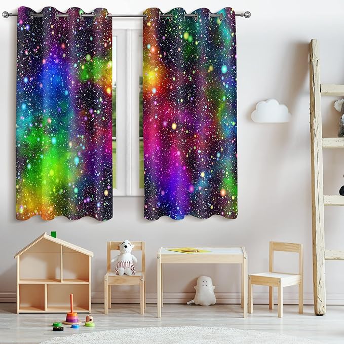 Jekeno Galaxy Blackout Curtains Kids Boys Girls Bedroom Outer Space Universe Nebula Starry Sky Colorful Stars Decor Decoration Darkening Grommet Window Drapes 2 Panel Set, 42"x63"