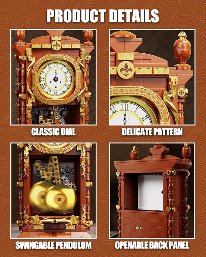 Vintage Pendulum Clock Building Block Set, Stem Toy with Real Clock Function and Linkable Mechanical Pendulum, Unique Home Decoration and Collectible for Adults&Kids 6+