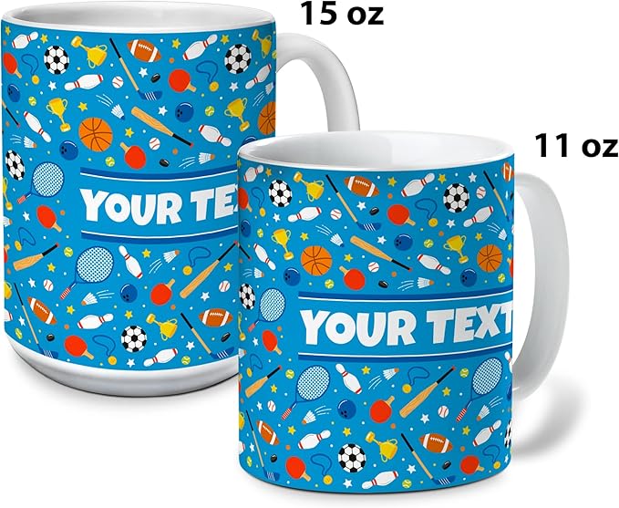 Personalized Mug for Kids - Sports - Custom Name/Text, Ceramic Hot Chocolate/Cocoa/Coffee Cup for Boys/Girls, Birthday/Christmas/Holiday Gift - 15 oz, Black Handle