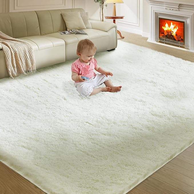 Ultra Soft Rug for Living Room, 4X6 Fluffy Shag Area Rug for Bedroom, Modern Shaggy Carpets Fuzzy Rug for Teens Dorm Nursery Home Decor Aesthetic, Upgrade Anti-Skid Durable, Cream White