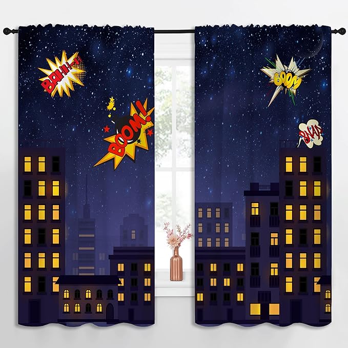 Super Hero Rod Pocket Blackout Curtains for Boy Girl Bedroom, Exploding City Starry Cartoon Skyline Home Energy Efficient Light Filtering Window Curtain for Living Room, 63x63 inch