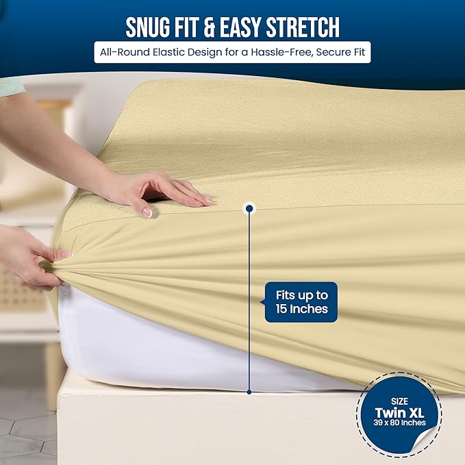Utopia Bedding Waterproof Mattress Protector Twin XL Size, Premium Terry Mattress Cover 200 GSM, Breathable, Fitted Style with Stretchable Pockets (Beige)