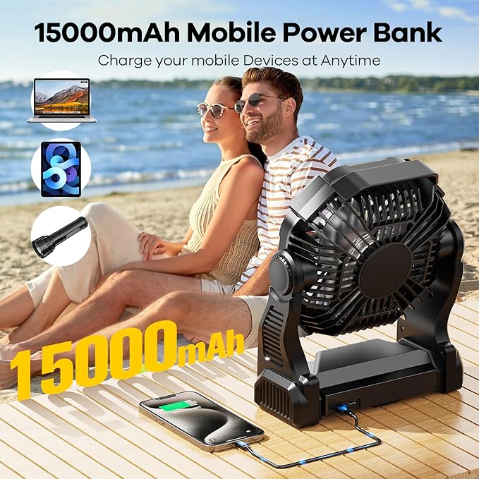 15000mAh Portable Battery Powered Camping Fan - with LED Light, Quiet Battery Operated, Camping Gear for Travel, Tent, Beach, Car or Hurricane Power Outages，Black