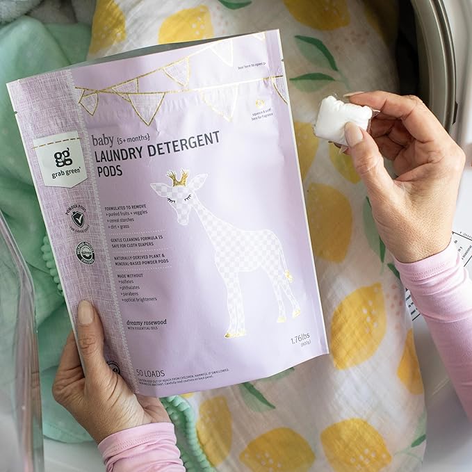 Grab Green Baby Laundry Detergent Pods, 50 Count, Dreamy Rosewood, Plant and Mineral Based, Formulated to Tackle Growing Baby (5 Months and Older) Laundry Stains