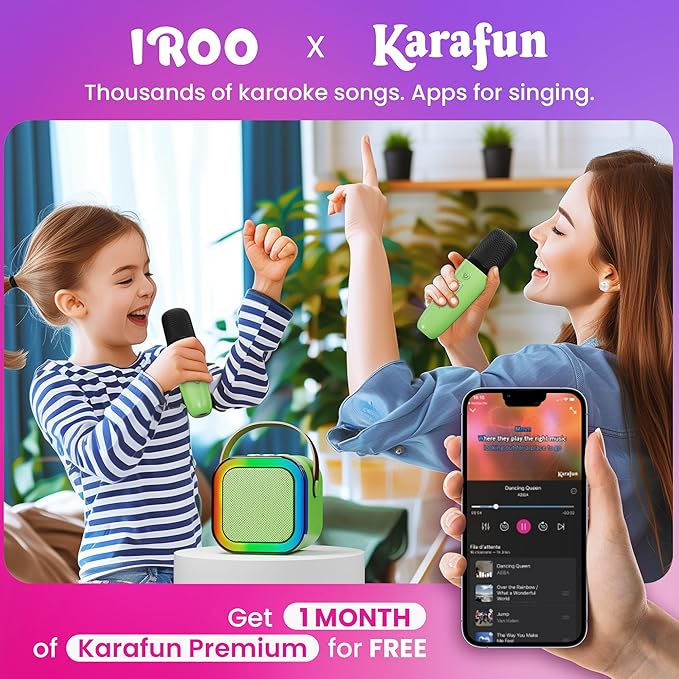 IROO Mini Karaoke Machine for Kids, 2025 TOP Toys Birthday Gifts Ideas for Girls Ages 4, 5, 6, 7, 8, 9, 10, 12+ Years Old, Portable MP3 Player with 2 Wireless Mics for Party