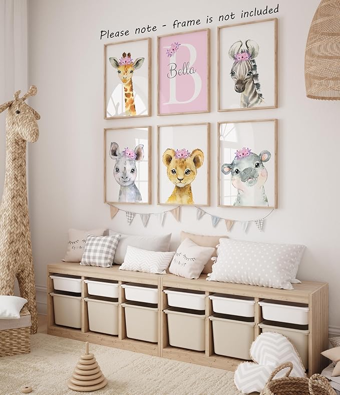 Personalized Safari Animals for Baby Girls Nursery, Set of 6 Unframed Poster Prints, Personalized Name Pink Lilac Floral, Girls Bedroom Decor, Elephant Giraffe (12x16)