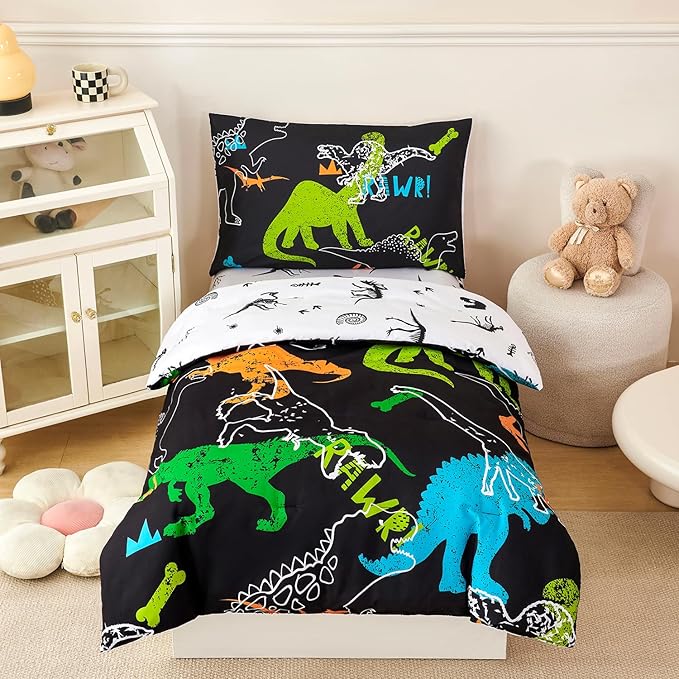 PERFEMET Twin Kids Bedding Sets 4-Piece Cartoon Dinosaur Boys Comforter with Sheets Ultra Soft Reversible Colorful Animal Children Bed in a Bag Set(Dinosaur, Twin)
