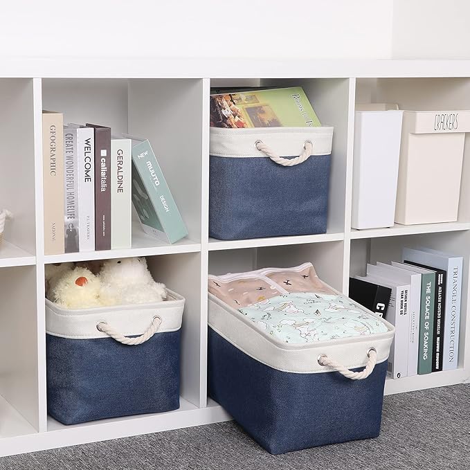 Bidtakay Storage Baskets Collapsible [3-Pack] Decorative Storage Bins with Cotton Rope Handles 15 X 11 X 9.5 Inch Organizing Baskets for Shelves Clothes Closet Navy Blue Baskets for Gifts Empty