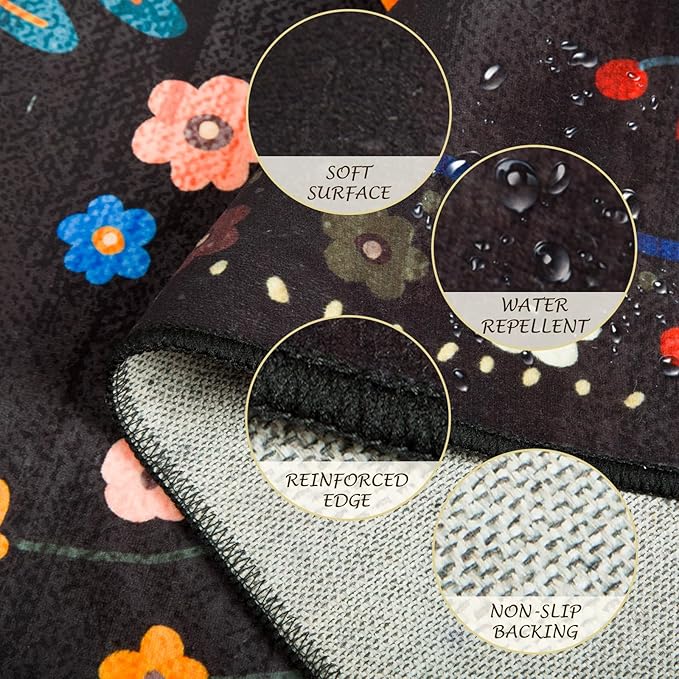 Floral 2x10 Area Rug Machine Washable Soft Print Boho Carpet Non Slip Doormat Low Pile Flower Area Rugs for Living Room Bedroom Nursery Kitchen Dining Room Indoor-Black