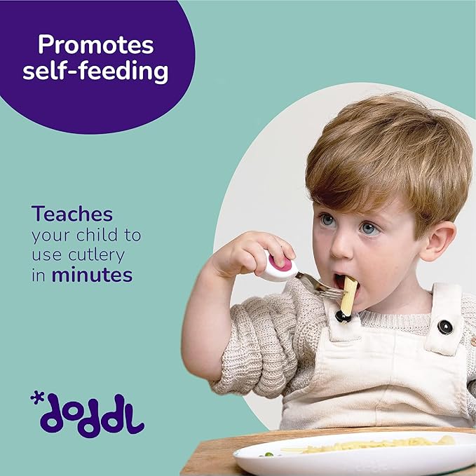 doddl Toddler Utensils, Ergonomic Fork Spoon and Knife Set for Self Feeding, Stainless Steel Silverware for 1-3 Year Olds, BPA Free, Dishwasher Safe (Aqua)