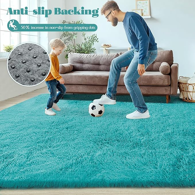 2x6 Runner Rug for Bedroom: Fluffy Shag Soft Washable Rugs Small Fuzzy Plush Indoor Carpet for Hallway Bedside Dorm Kids Girls Boys Room (Teal Blue, 2'x6')