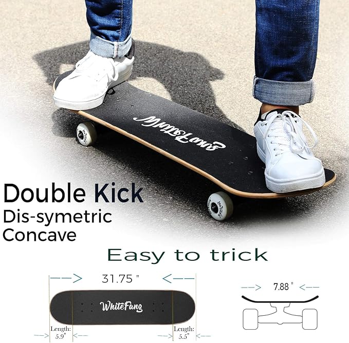WhiteFang Skateboards for Beginners, Complete Skateboard 31 x 7.88, 7 Layer Canadian Maple Double Kick Concave Standard and Tricks Skateboards for Kids and Beginners