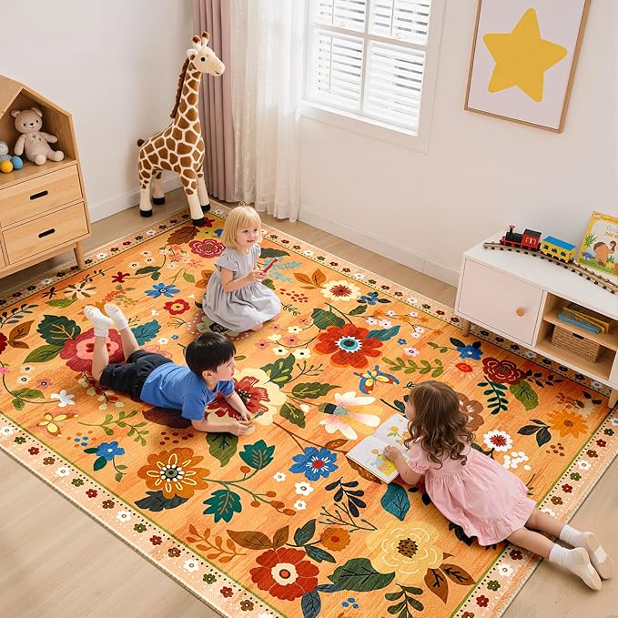 Floral 5x7 Area Rug Machine Washable Soft Print Boho Carpet Non Slip Doormat Low Pile Flower Area Rugs for Living Room Bedroom Nursery Kitchen Dining Room Indoor-Yellow/Orange