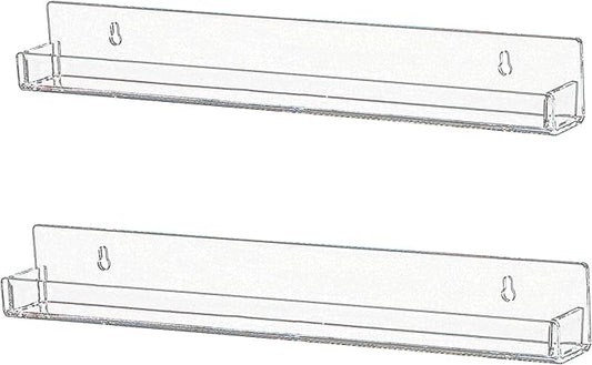 IEEK Nail Polish Rack Wall Mounted Shelf 2 Pack,Clear Kids Wall Bookshelf Acrylic Nail Polish Holder with Removable Anti-Slip End Inserts,2 Tiers Floating Polish Organizer Display 30 Bottles