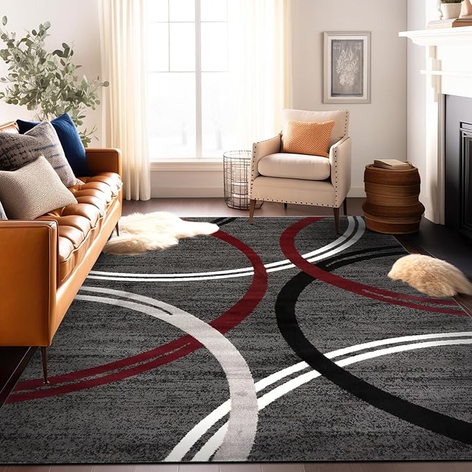 Rugshop Modern Wavy Circles Design Area Rug 10' x 14' Red