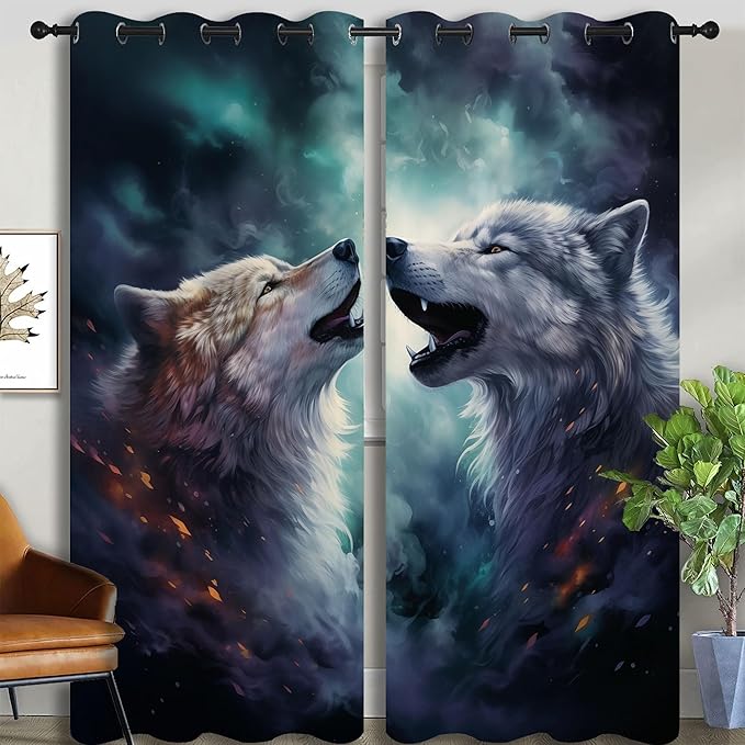 Forest Wildlife Blackout Curtains for Boys Girl Bedroom Decor,Blue Fantasy Starry Sky Howling Wolf Thermal Insulated Grommet Drapes Darkening Window Curtain for Living Room Home 84x84 inch