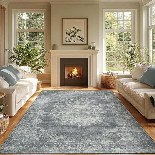 jinchan Washable Area Rug 6x9 for Living Room - Soft Faux Wool Ultra-Thin Stain Resistant Non-Slip Distressed Vintage Floral Rug Large Carpet for Bedroom,Dining Room,Home Office,Nursery(Grey, 6'x9')