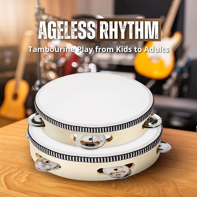 Flexzion Wood Handheld Tambourines - 8 and 6 Inch Set of 2 Pack, with Single Row Metal Jingle Bell (Wood) Hand Held Tambourine Percussion Drum Moon Musical Instrument