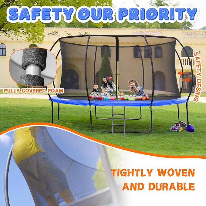 Trampoline 8FT 10FT 12FT 14FT 16FT, Recreational Trampolines with Enclosure Net and Ladder, Outdoor Anti-Rust Trampolines for Kids and Adults, ASTM Approved
