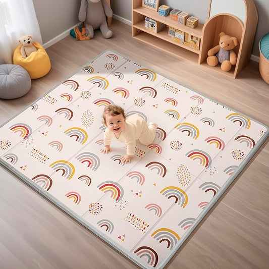 Foldable Baby Play Mat, PIGLOG 50x50 Playpen Mat, Safe Foam Playmat for Tummy Time, Waterproof Playmats for Babies and Toddlers Kids, Reversible Portable Baby Floor Mat for Infant, Rainbow Rain