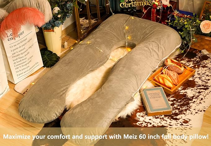 Meiz Pregnancy Pillow, U Shaped Full Body Pillow, Pregnancy Pillows for Sleeping, Maternity Pillow for Pregnant Women with Removable Velvet Cover (60 Inch, Gray)