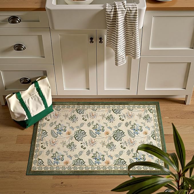 jinchan 2x3 Floral Rug for Entryway Washable Kitchen Rug Vintage Romance Design Small Mat Non Slip Indoor Doormat Lightweight Low-Profile Throw Carpet for Entrance Bathroom Laundry Room, Green/Beige