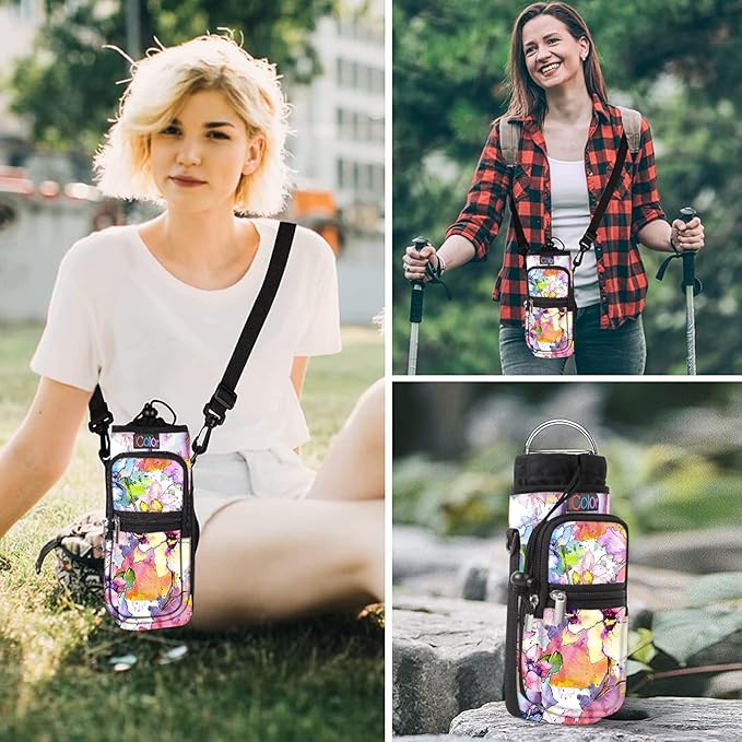 icolor Water Bottle Carrier Bag with Strap 25/32/40 oz Crossbody Bottle Holder with Phone Pocket Sling Sleeve Insulated Neoprene Water Bottle Pouch for Walking Travelling