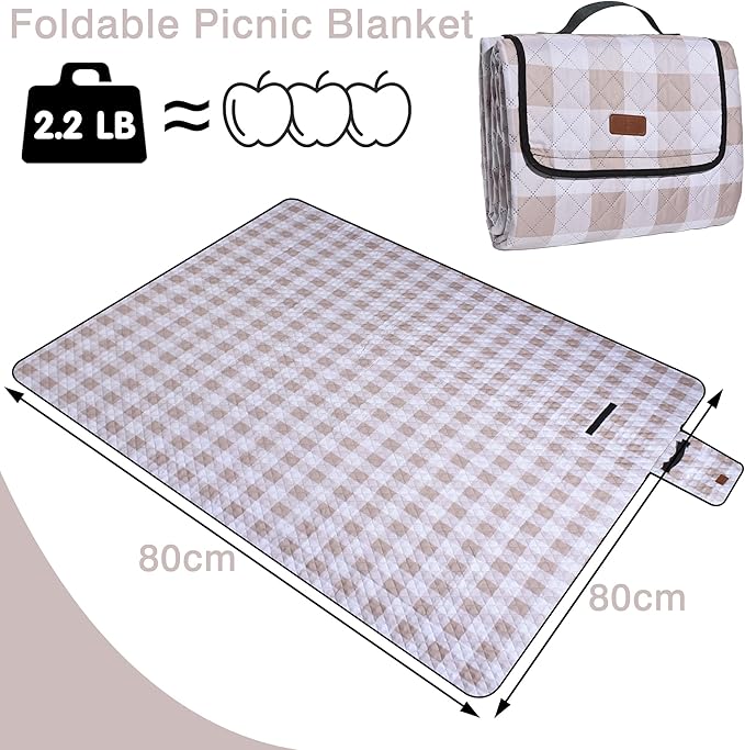 Extra Large Picnic Blanket 80''x 80'' Waterproof Foldable Picnic Mat for Beach, 5-Layer Outdoor Blanket for 6 to 8 Adults,Camping Grass Lawn Park Accessories Couple Park Wedding Registry(Brown)