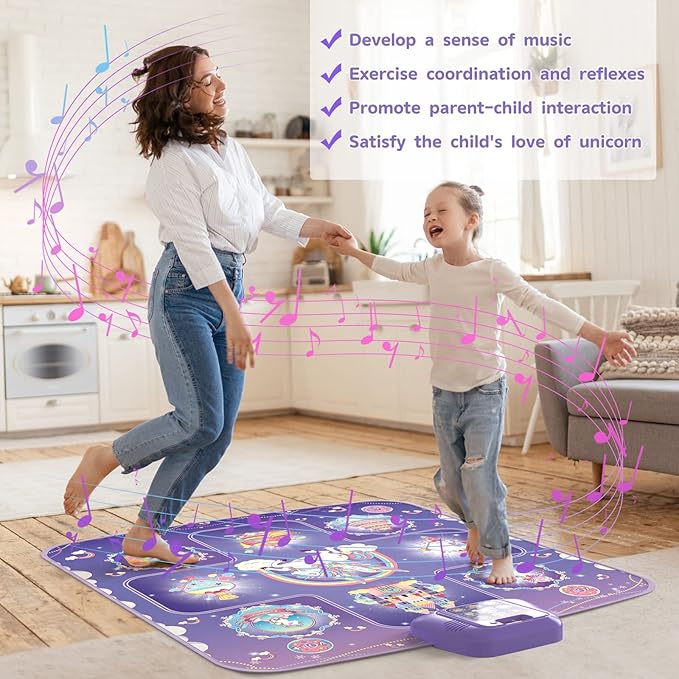 GirlsHome Dance Mat - Unicorn Toys for Girls Electronic Dance Pad with 5 Game Modes, Built-In Music, Touch Sensitive Light Up LED Kids Musical Mat, Christmas & Birthday Gift for Toddler Girls 3-12
