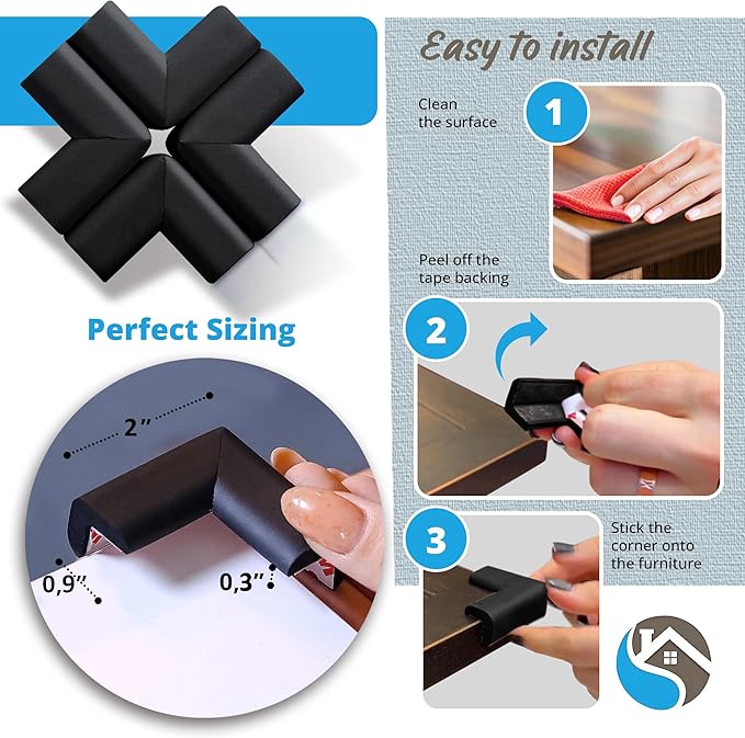 Baby Proof Corners and Edges with Furniture Corner & Edge Safety Bumpers, Impact-Absorbent 18ft Bumper & 8 Foam Corner Protectors, Cushy, Thick, Odorless Table Edge Protectors for Baby, Child | Black
