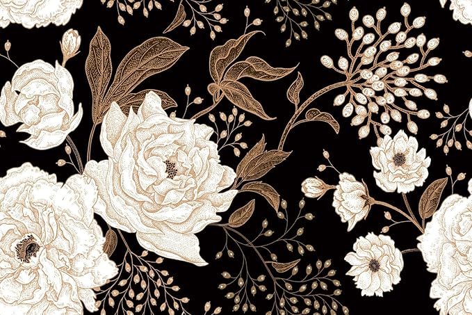 Vintage White Rose Floral Wallpaper Peony Wall Mural Large Black Background Wall Decor for Living Room Bedroom Dining Room Basement(Not Self-Adhesive)