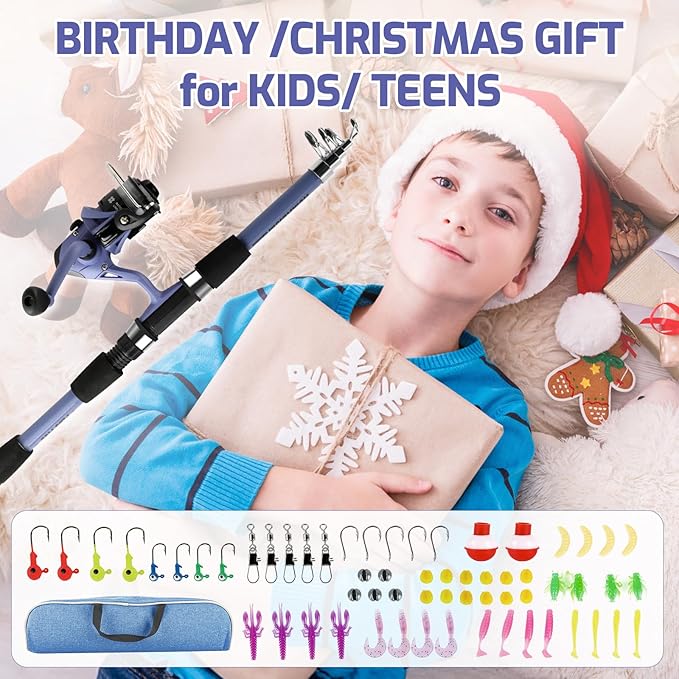 Kids Fishing Pole Set, Portable Telescopic Fishing Rod and Reel Combo for for Boys Girls Youth Toddle Fishing Pole - with Spincast Fish Reel Tackle Box Fish Lures Fishing Lines【Ambidextrous】