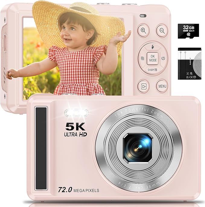 5K Digital Camera - 72MP UHD Digital Cameras for Photography - Autofocus Point and Shoot Small Camera with Flash for Kids - 2.8 Inch Screen Compact Portable Vlogging Camara with 16X Zoom, 32GB SD Card