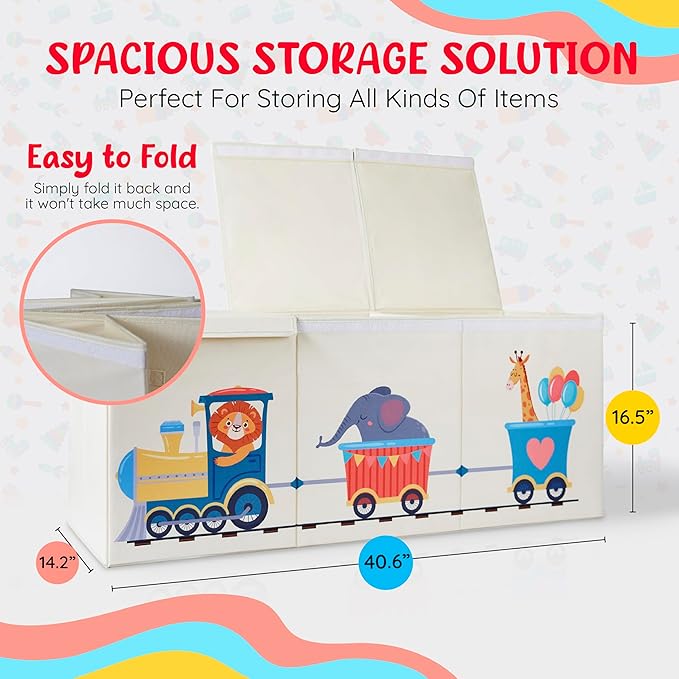 Extra Large Collapsible Sturdy Toy Storage Organizer with Lids, Animal Train Toy Box for Boys Girls, 40"x16"x16", Modern, Beige
