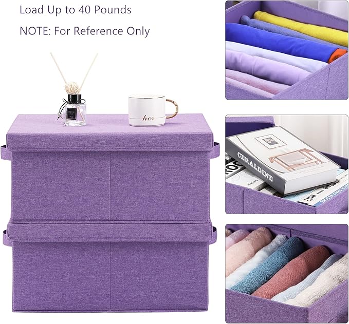 HOONEX Foldable Storage Bins with Lids, Pack of 2, Storage Boxes with 2 Carrying Handles and Sturdy Heavy Cardboard, 16.5" L x 11.8" W x 7.5" H for Shoes, Books, Clothes, Purple