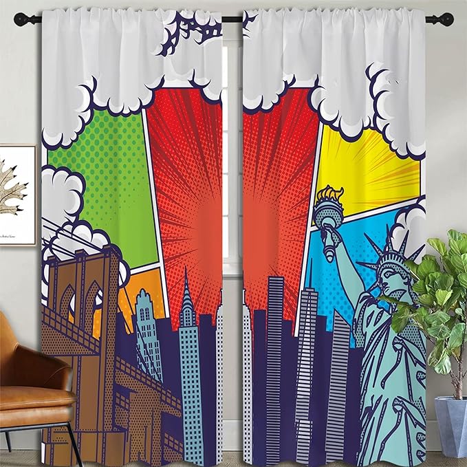 City Rod Pocket Blackout Curtains for Boy Girl Bedroom, Pop Art Style New York Cityscape Thermal Insulated Home Window Drapes for Living Room Darkening, 84x72 inch